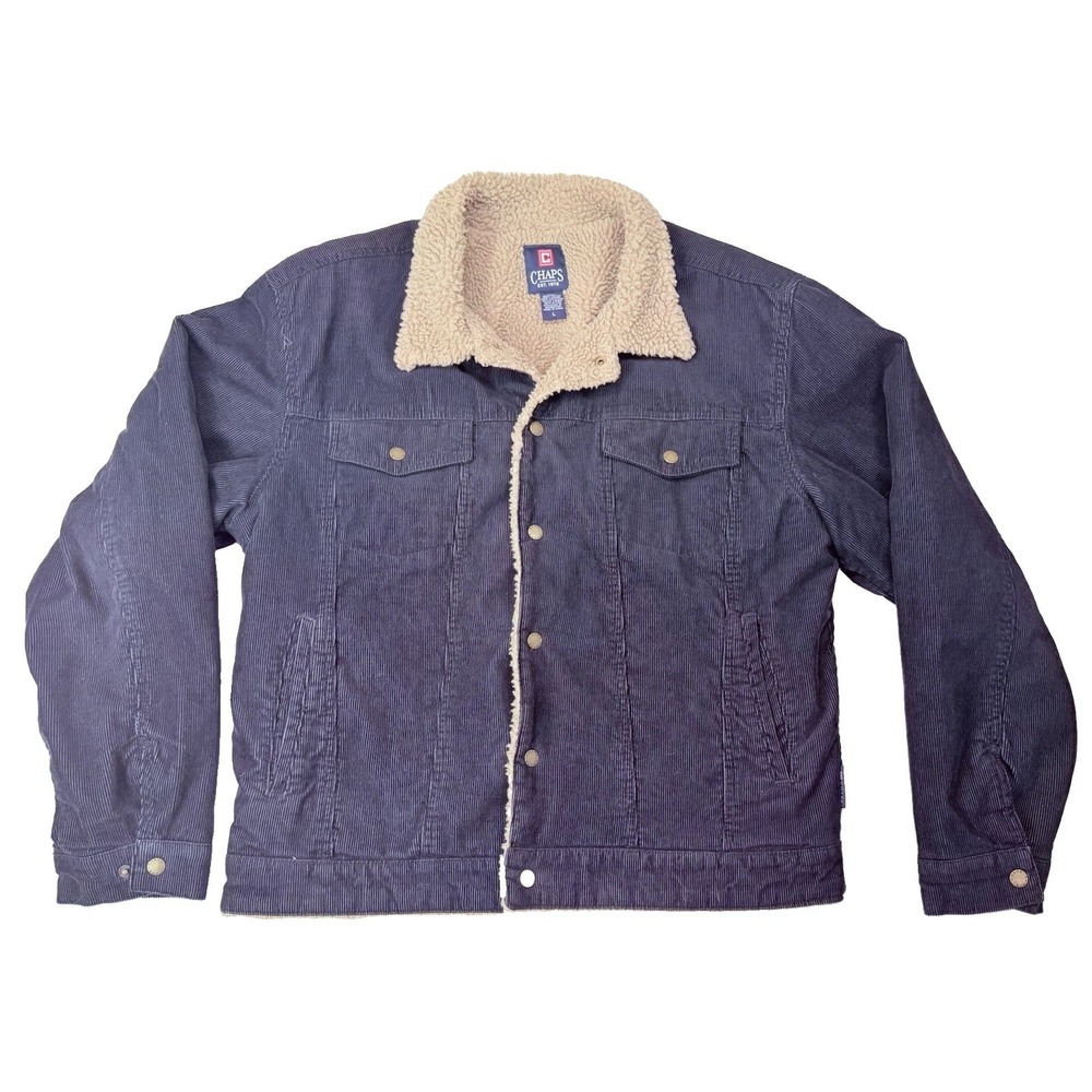 Chaps Jacket Mens Large Navy Blue Corduroy Trucker Sherpa Fleece Lined L